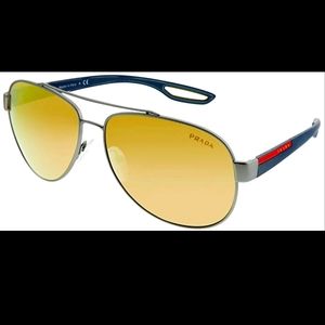 Prada Linea Rossa LJ Silver 55Q Blue Rubber Orange Mirror Sunglasses